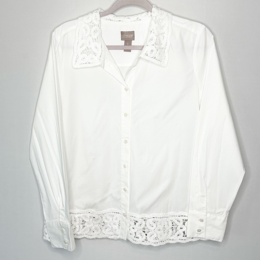 Chicos White Cotton Stretch Poplin Crochet Collar and Hem Blouse Size 1/Medium